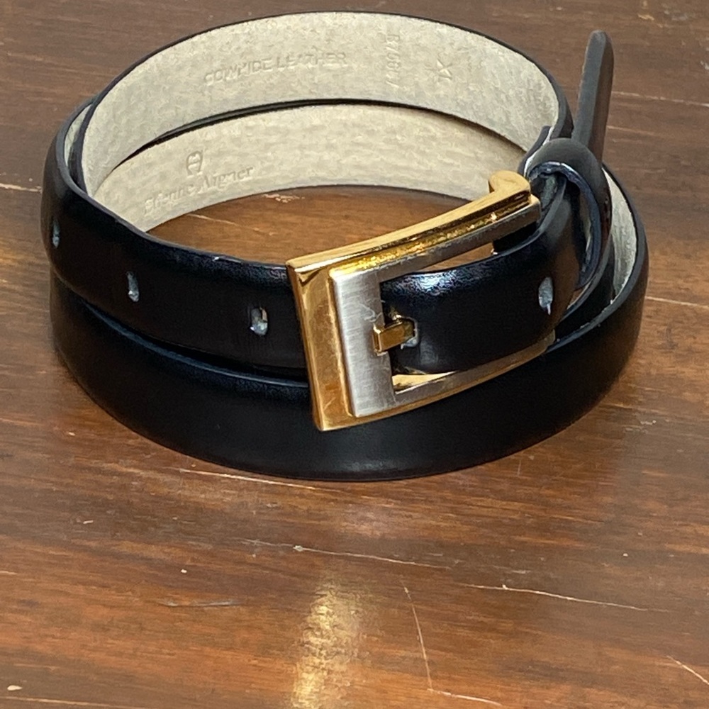 Etienne Aigner Belt Black Leather fits 34-39 Gold And Silver Tone Buckle XL